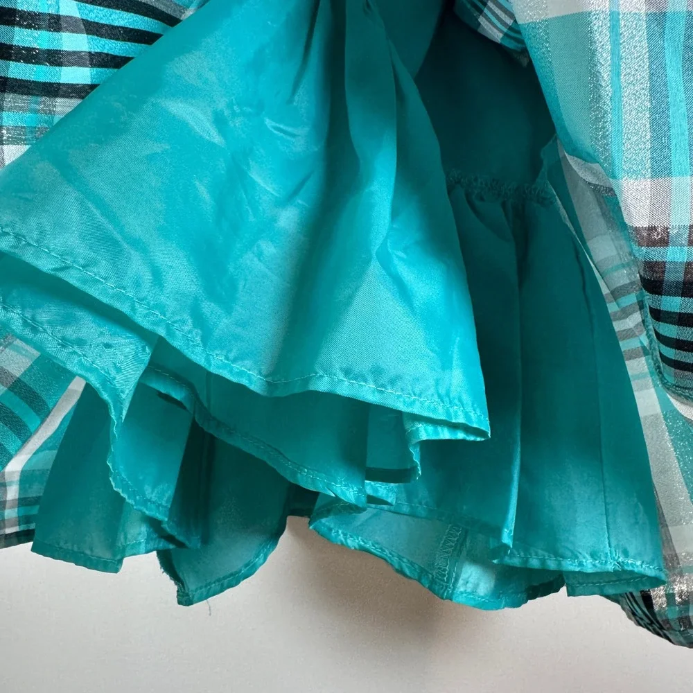 Bonnie Jean Girls 4 Teal Plaid Metallic Holiday Party Dress Long Sleeve Easter‎